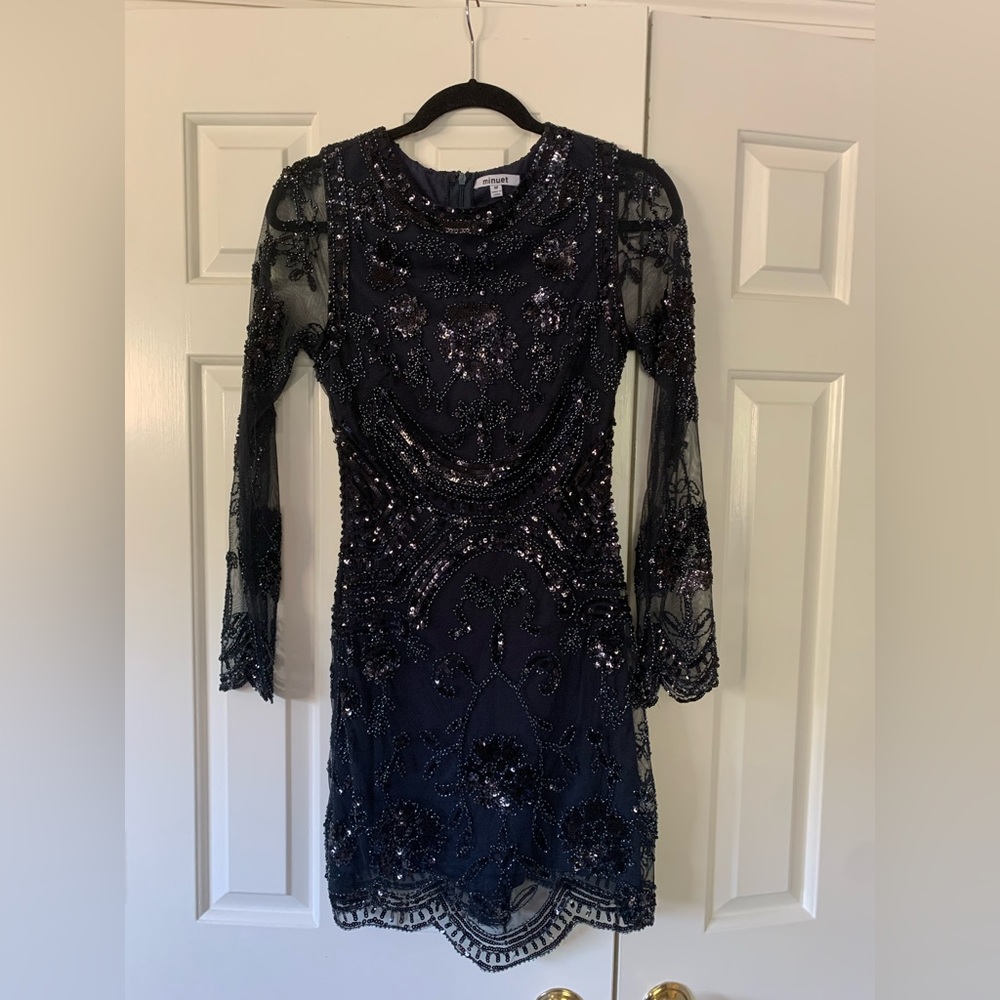 Minuet Navy Long Sleeve Beaded Mini Dress